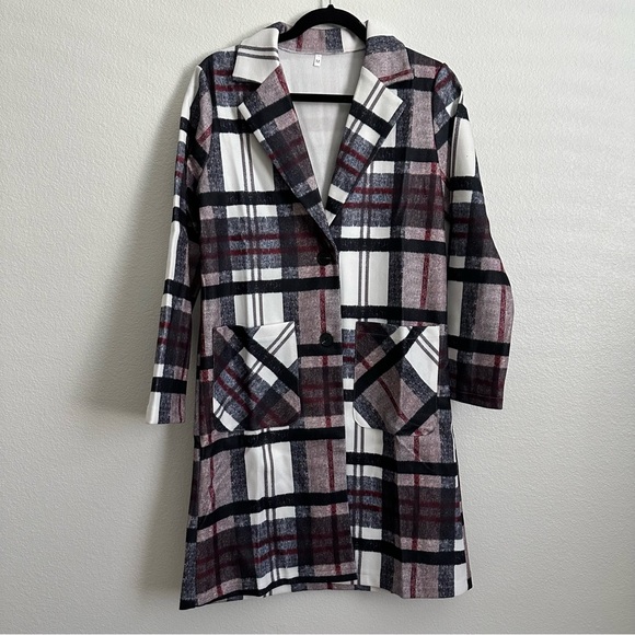 Women’s Long Plaid Coat- Button Front,
Pockets, Classic Style - Picture 3 of 7